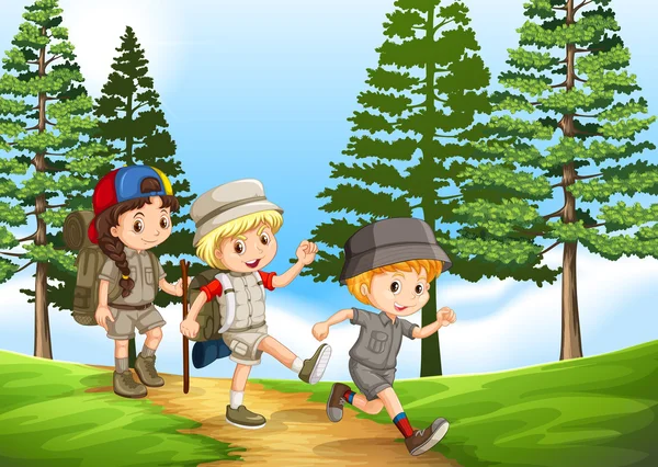 Gruppo di bambini escursionisti nel parco — Vettoriale Stock
