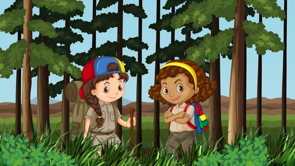 Δύο κορίτσια πεζοπορία στη ζούγκλα — Διανυσματικό Αρχείο