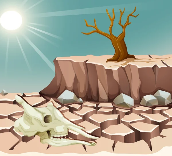 Trockenes Land mit Tierschädel und Baum — Stockvektor
