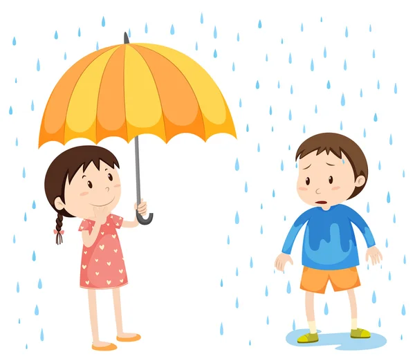 女の子と男の子の雨の中で — ストックベクタ