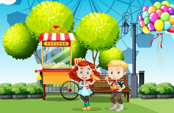 Хлопчик і дівчинка їдять у парку — стоковий вектор