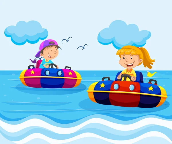 Junge und Mädchen reiten auf Gummibooten im Ozean — Stockvektor