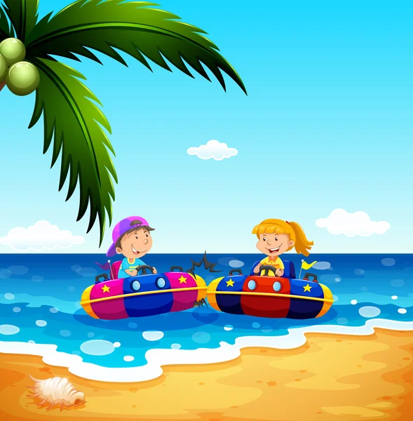 Dziewczyna i chłopak, jazda na łodzi gumowych — Wektor stockowy