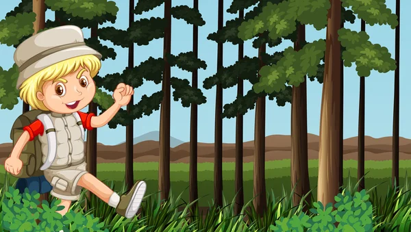 Niño senderismo en el bosque — Vector de stock