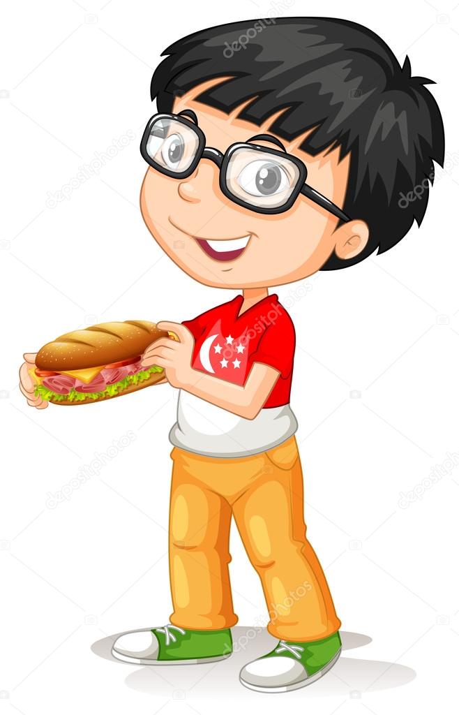 Little boy holding sandwiches