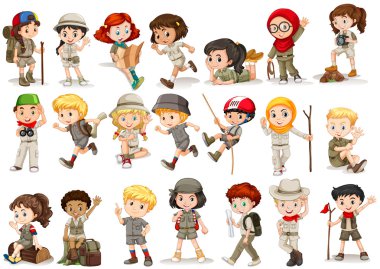 Girls and boys in camping costume clipart