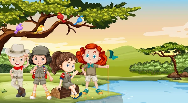 Діти таборують біля річки — стоковий вектор