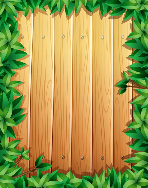 Border design with green leaves on wooden wall — Stock Vector