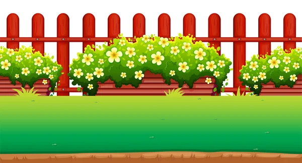 Flores y valla en el jardín — Vector de stock