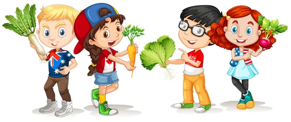 Niños sosteniendo verduras frescas — Vector de stock