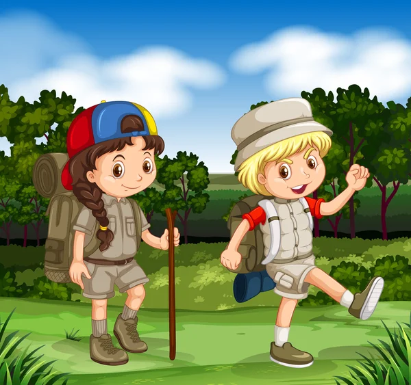 男孩和女孩在公园里徒步旅行 — 图库矢量图片