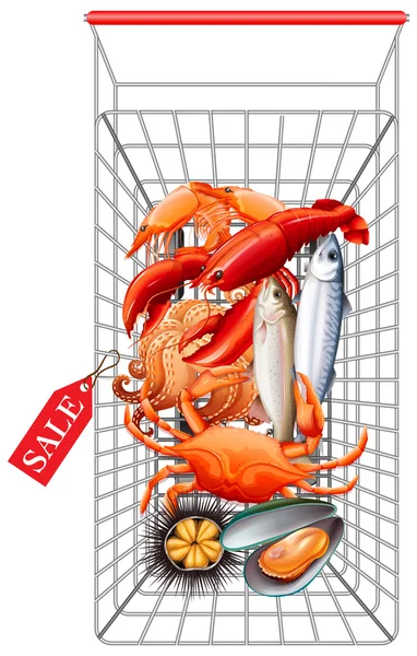 Various seafood in shopping cart — Stock Vector