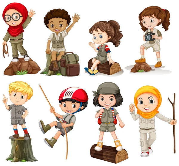 Boys and girls in camping outfit — Stock Vector