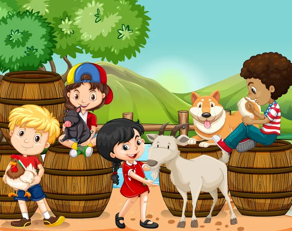 Niños y animales de granja — Vector de stock