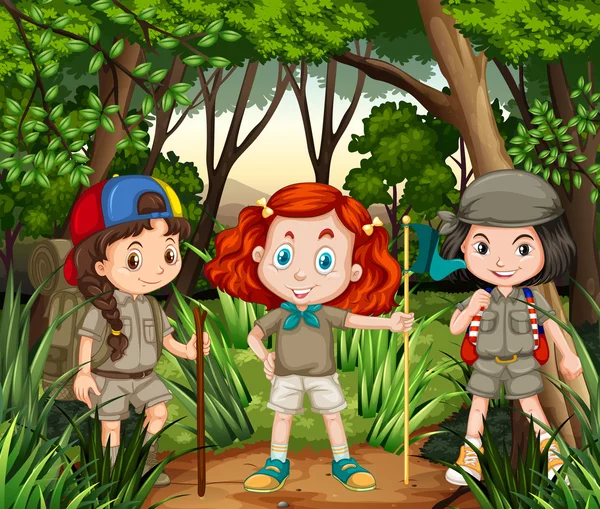 세 여자는 정글에서 하이킹 — 스톡 벡터