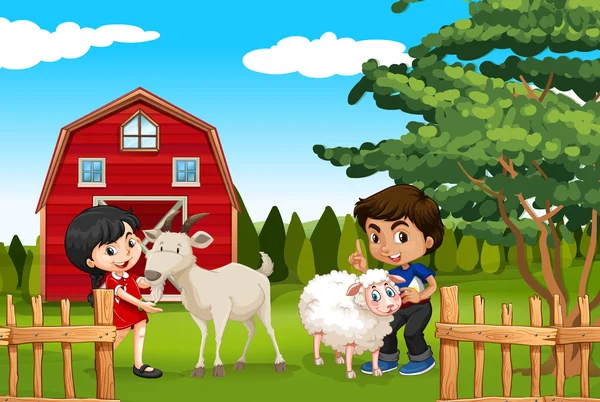Menino e menina com animais de fazenda na fazenda — Vetor de Stock