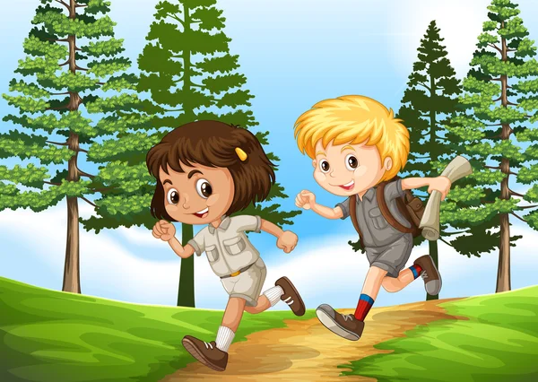Jongen en meisje lopen in het park — Stockvector