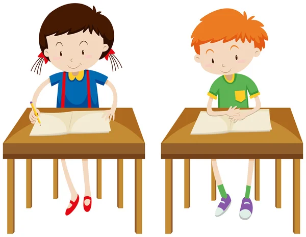 Pojke och flicka som studerar vid deras bord — Stock vektor