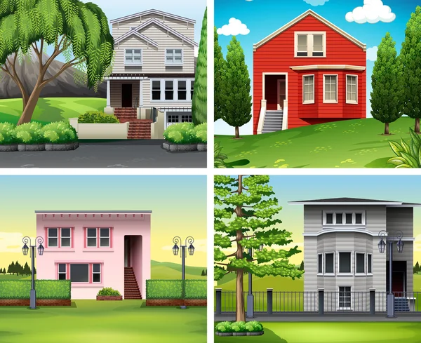 四个场景的房屋和草坪 — 图库矢量图片