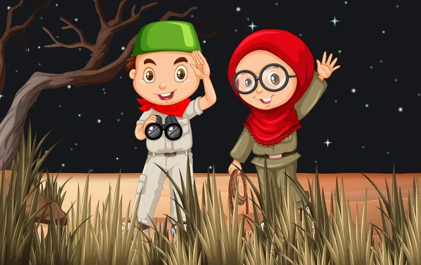 Garçon et fille campant sur le terrain — Image vectorielle