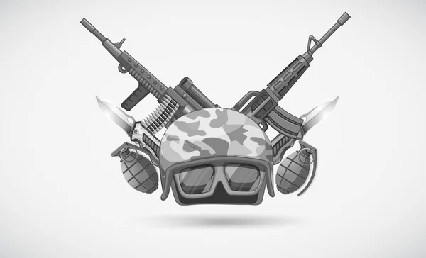 War theme with helmet and weapons — Stock Vector