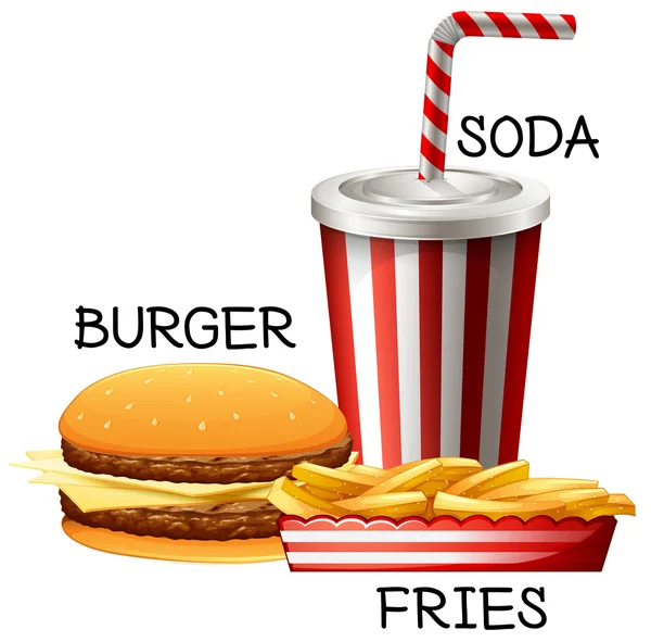 Conjunto de comida rápida com hambúrguer e batatas fritas — Vetor de Stock