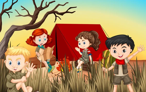 Pojkar och flickor camping i fältet — Stock vektor