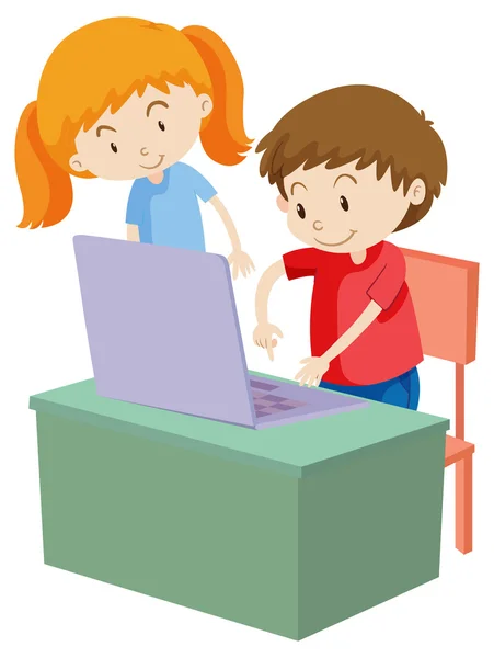 Niños trabajando en la computadora — Vector de stock