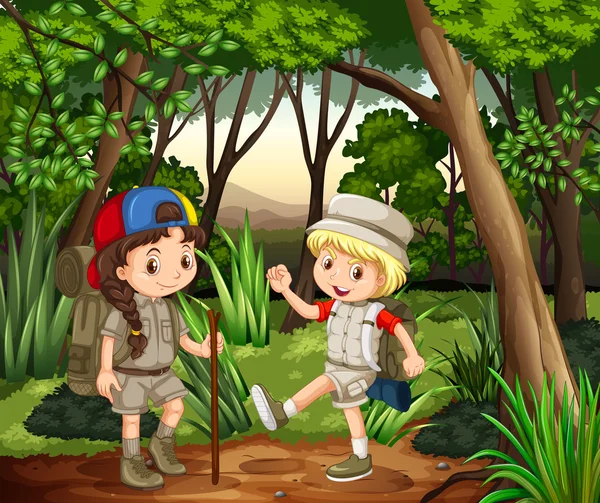 Boy and girl camping in the woods — Stock Vector