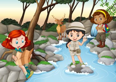 Üç kız nehir kenarında kamp