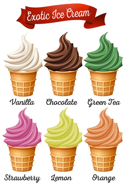 Diferente sabor de los conos de helado — Archivo Imágenes Vectoriales