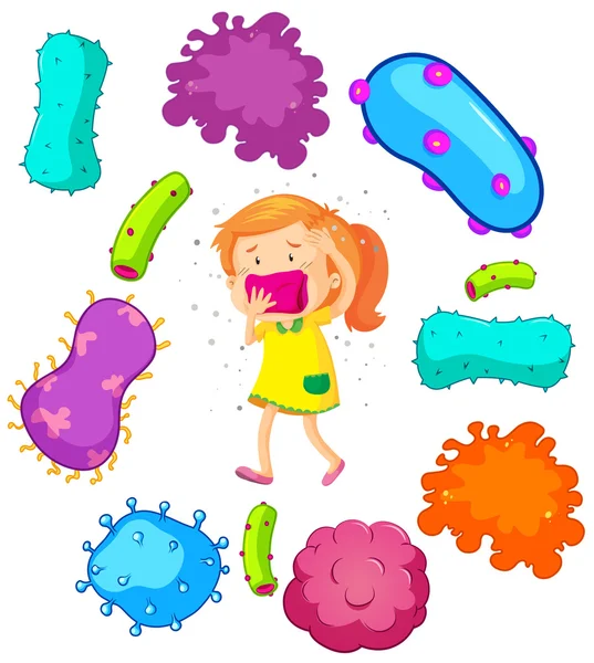 Little girl and bacteria around her — Stock Vector
