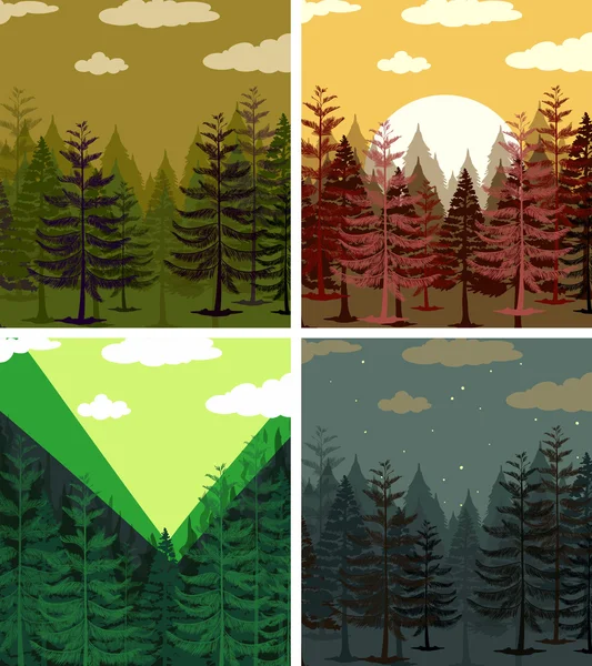 Cuatro escenas de bosques de pinos — Archivo Imágenes Vectoriales