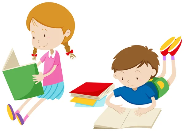 Niño y niña leyendo libros — Vector de stock