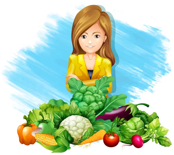 Mujer y verduras frescas — Vector de stock