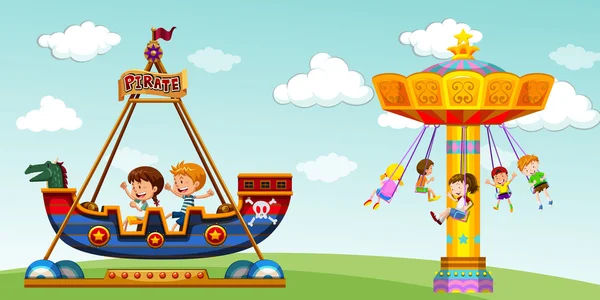 Children riding on pirate ship and swing — Stock Vector