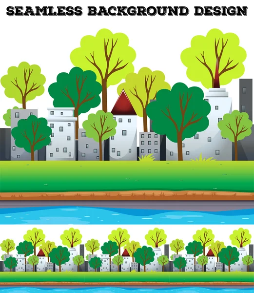 Edifici e alberi senza soluzione di continuità lungo il fiume — Vettoriale Stock
