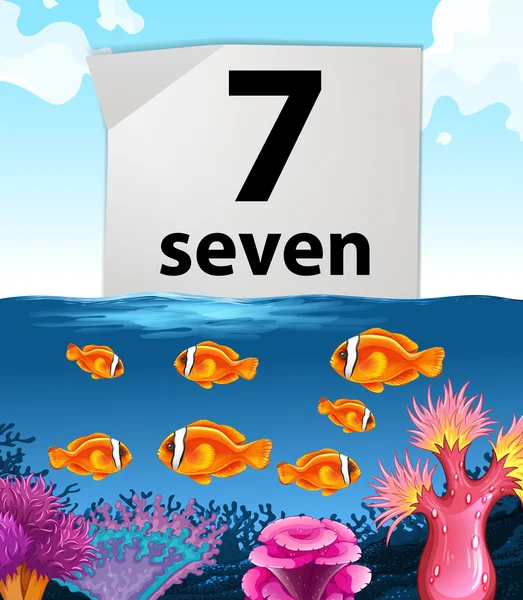 Number seven with seven fish swimming in the sea — Stock Vector