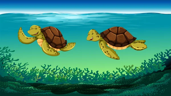 Due tartarughe che nuotano sotto il mare — Vettoriale Stock
