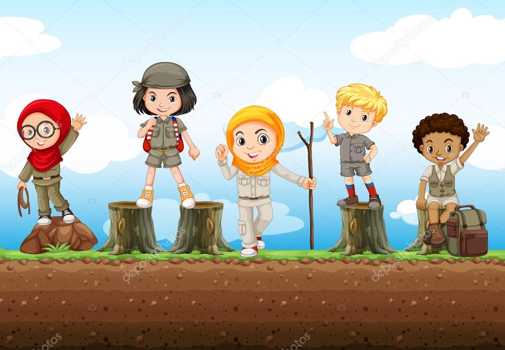 Children standing on logs