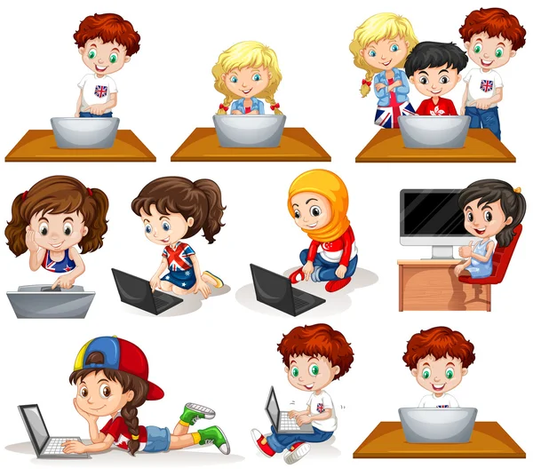 Niños y niñas que trabajan en la computadora — Vector de stock