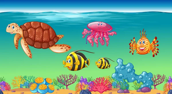 Animales marinos nadando bajo el mar — Vector de stock