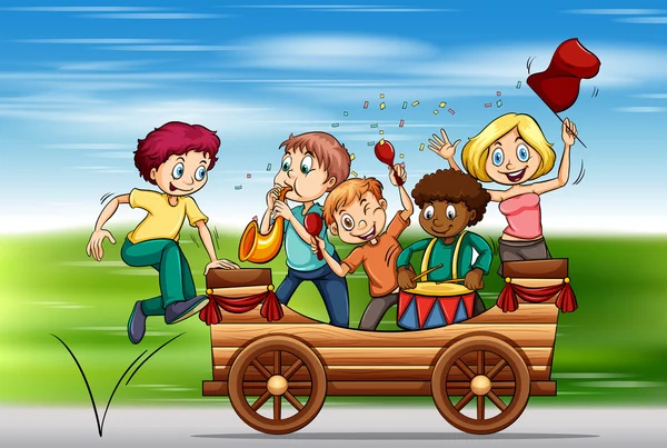 Enfants jouant des instruments sur le chariot — Image vectorielle