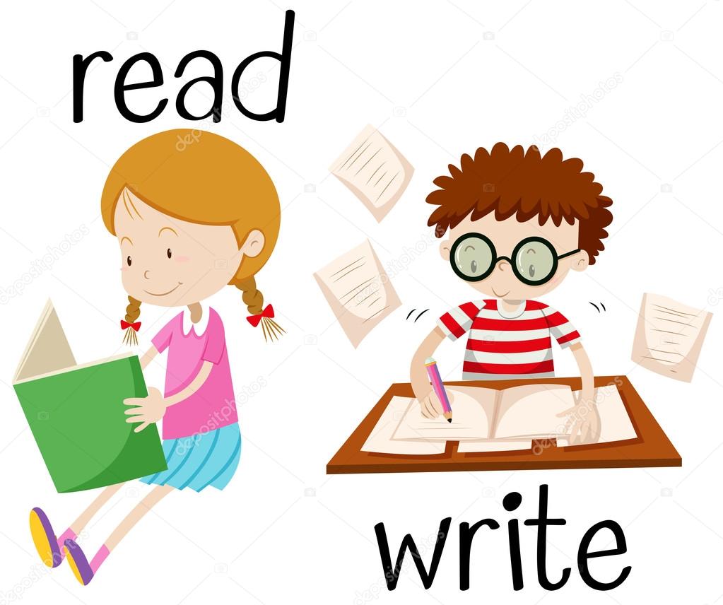 Girl reading and boy writing