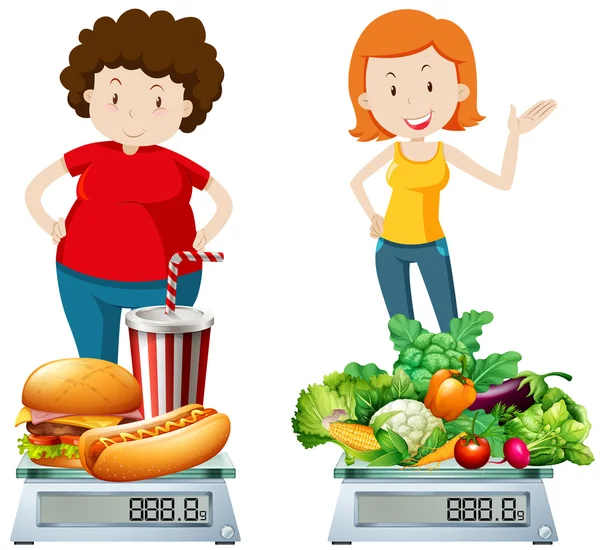 Nő, egészséges és egészségtelen ételt — Stock Vector