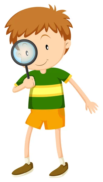 Little boy looking through magnifying glass — Stock Vector