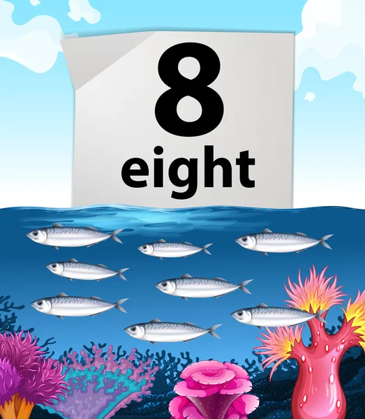 Número oito e oito peixes nadando debaixo d 'água — Vetor de Stock