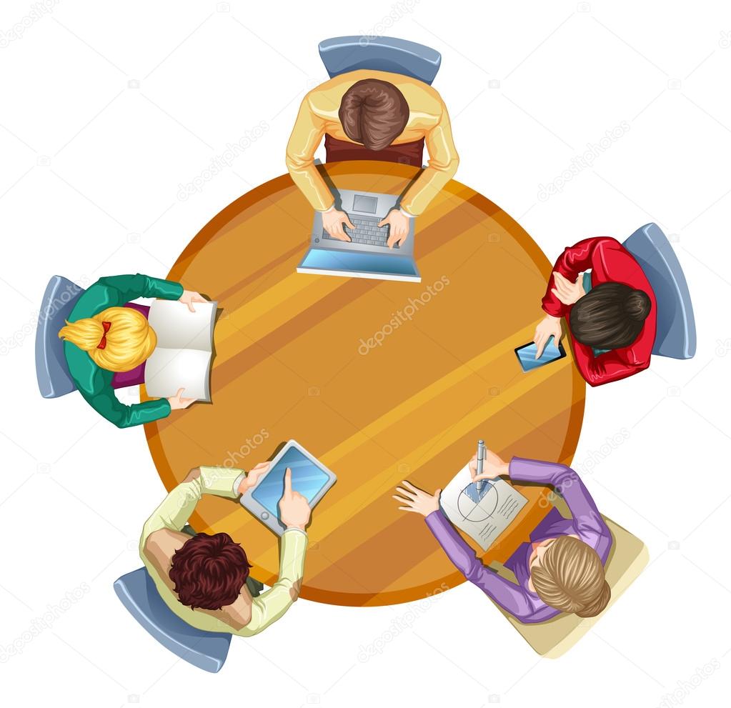Top view of round table with business people