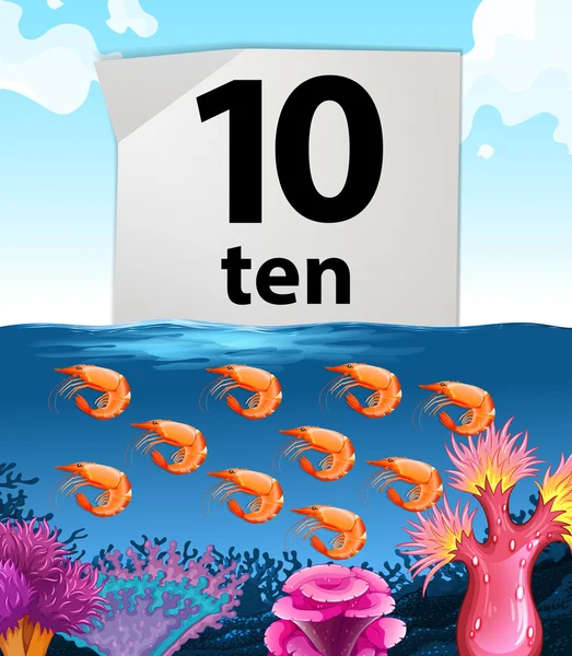 Nummer zehn und zehn Garnelen unter Wasser — Stockvektor