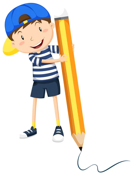 男孩用巨大的铅笔写字 — 图库矢量图片
